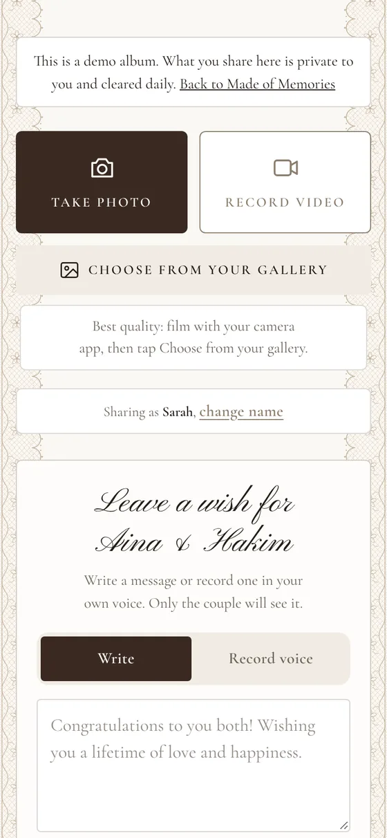 The album page where guests take photos, record videos and leave wishes