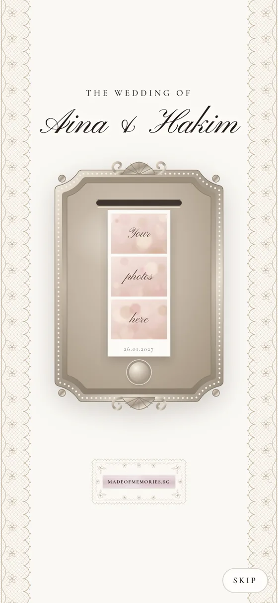 A photo-booth strip of the couple's photos sliding out of a vintage frame