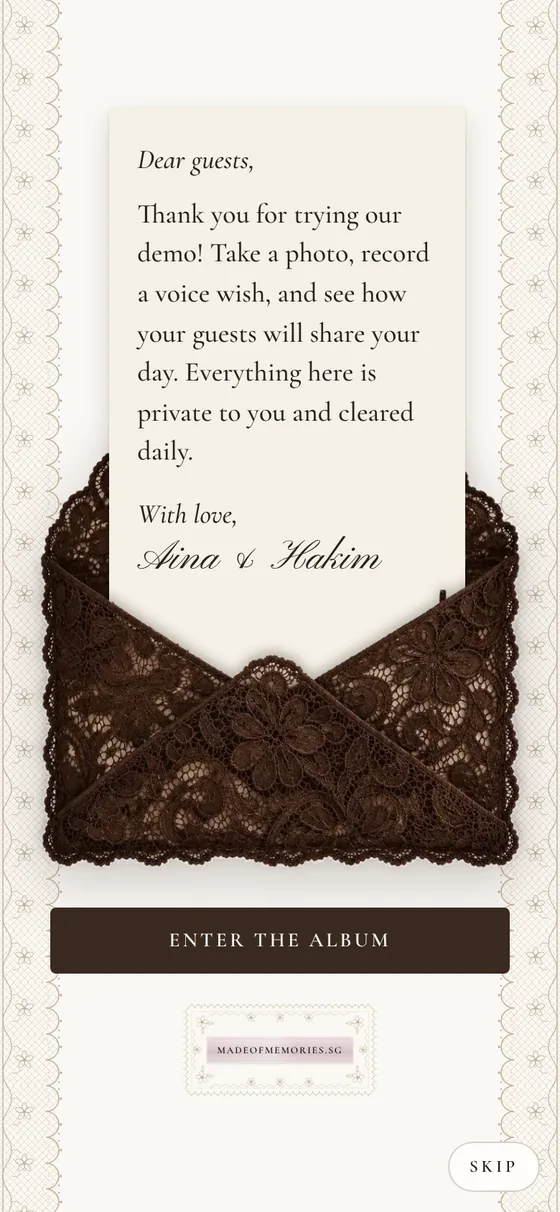 A thank-you letter from the couple rising out of a lace envelope